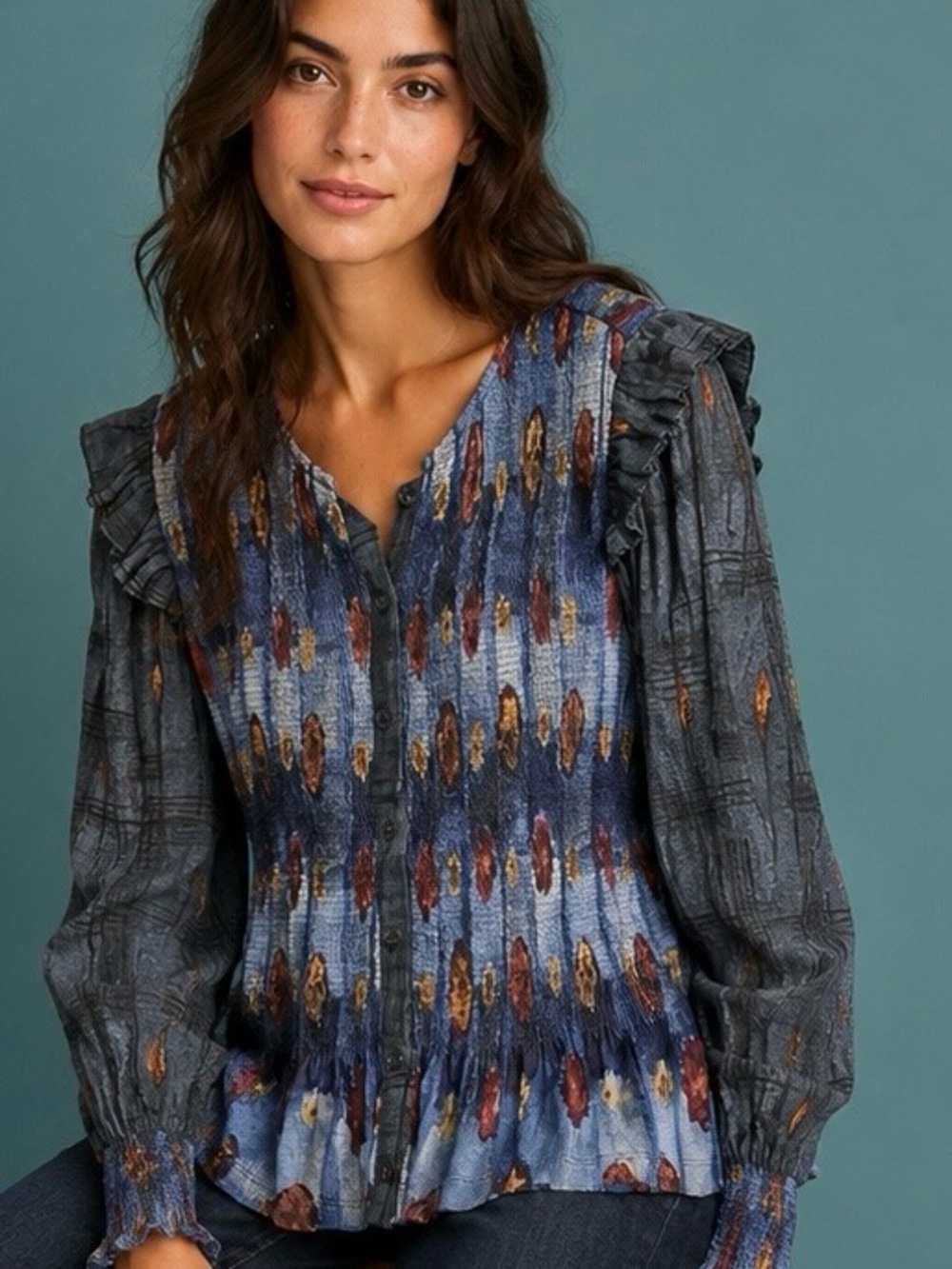 Conditions Apply x Anthropologie Patterned Ruffled Long-Sleeve Top